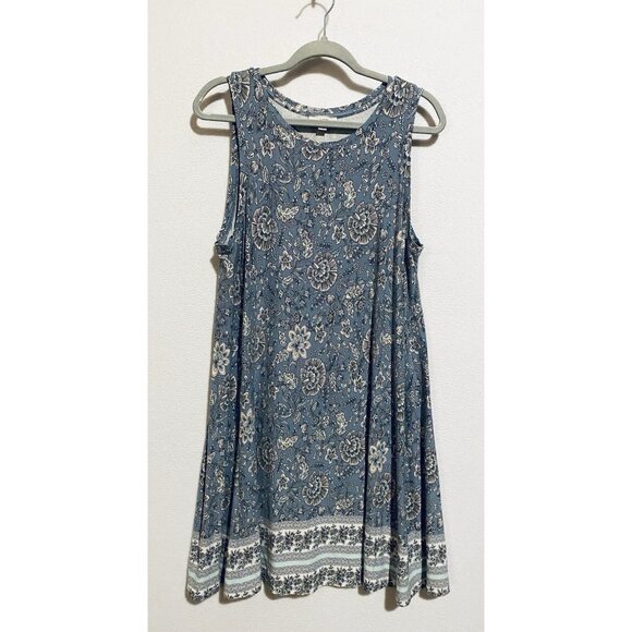 LOFT Dress Womens Large Purple Blue Floral Sleeveless Border Print Jersey Knit - Picture 1 of 6